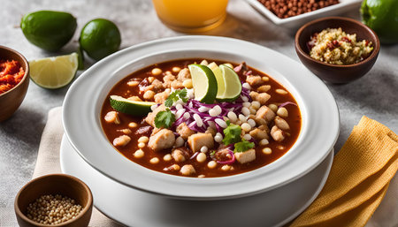 A bowl of steaming Mexican soup, garnished with lime wedges, fresh cilantro, and red onions. The soup features white beans, tomatoes, and chili peppers for a spicy and flavorful meal.の写真素材