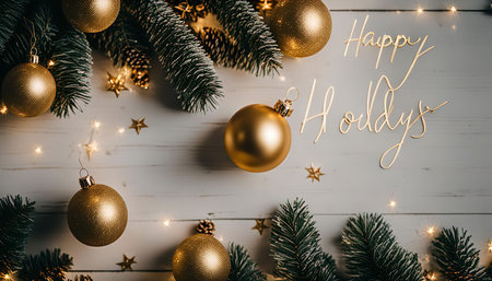 A festive arrangement of golden ornaments, pine branches, and twinkling lights on a rustic white background creates a cheerful and celebratory holiday scene.の写真素材