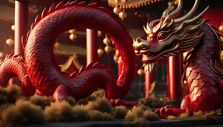 A close-up view of a red dragon statue with gold accents, possibly at a Chinese temple, showing intricate details and cultural significance.の写真素材