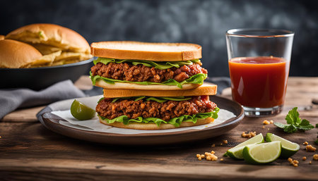 A close-up shot of a mouthwatering sloppy joe sandwich with fresh lettuce on a wooden table. The sandwich is layered with ground beef and a tangy tomato sauce, and it is accompanied by a glass of tomato juice and some lime wedges for a refreshing touch.の写真素材