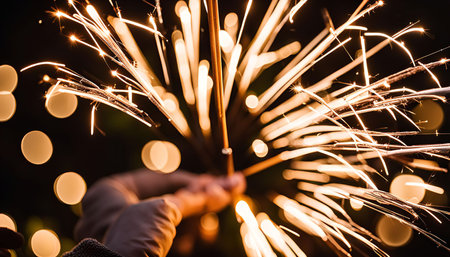 A close-up shot of a sparkler being held by a hand, the sparks create a beautiful and festive light show against a dark background.の写真素材