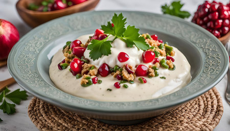 A creamy dessert topped with pomegranate seeds and parsley, served on a green plate.