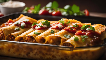 Close up of delicious enchiladas with salsa and cilantro toppings