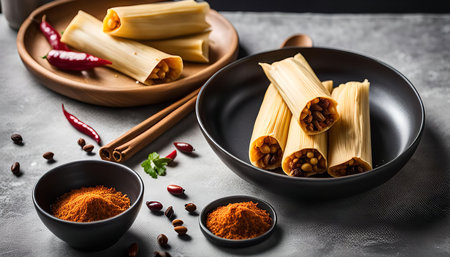 Close up of freshly made Mexican tamales in corn husks on a gray background with chili powder and cinnamon sticks.の写真素材