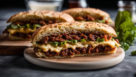 A close-up shot of a cheeseburger on a wooden plate, showing the juicy patty, melted cheese and fresh toppings.の写真素材