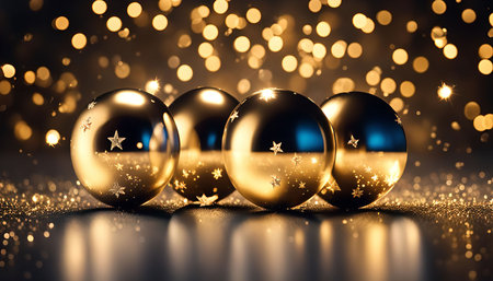 Four golden Christmas ornaments with star decorations sit on a bed of glitter against a backdrop of warm, blurred lights, creating a festive and celebratory atmosphere.の写真素材