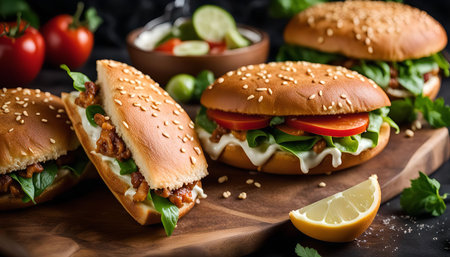 Close-up of three mouthwatering sesame seed burgers topped with fresh lettuce, juicy tomato slices, and a creamy sauce, ready to be devoured.の写真素材