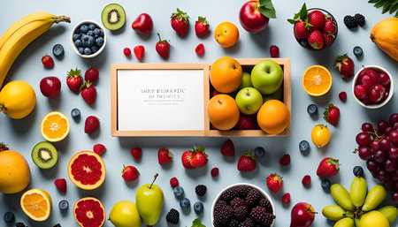 A flat lay showcasing a variety of fresh fruits in vibrant colors on a blue background. The image emphasizes the healthiness and deliciousness of fresh fruit.の写真素材