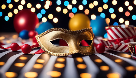 A close-up of a golden masquerade mask resting on a black and white striped surface. The background is blurred and filled with warm bokeh lights, adding a festive atmosphere.の写真素材