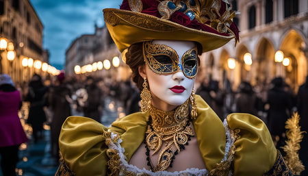 A woman in a beautiful gold and red costume with a mask at the Venice Carnival.の写真素材