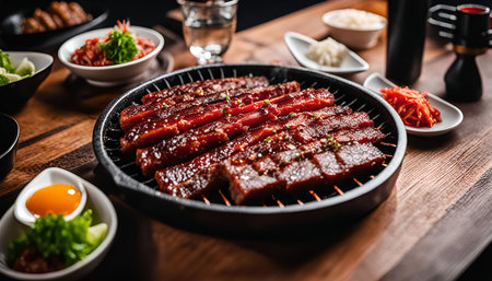 A close-up shot of a table setting featuring a sizzling hot plate of grilled meat, Korean BBQ style. The meat is arranged neatly on a grill with side dishes like kimchi and other sauces.の写真素材