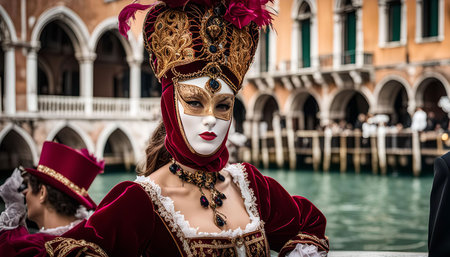 A woman in a traditional Venetian carnival costume, wearing an elaborate mask and a magnificent feathered headdress.の写真素材