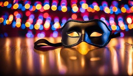 A black masquerade mask lies on a table, illuminated by festive lights creating a blurry bokeh effect in the background, adding a touch of mystery and elegance to the scene.の写真素材