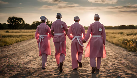 Four people in pink uniforms are walking together in a rural field towards the sunset.の写真素材