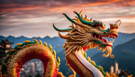 A magnificent golden dragon statue stands tall against a backdrop of majestic mountains and a vibrant sunset sky, showcasing the beauty and symbolism of this mythical creature in Asian culture.の写真素材