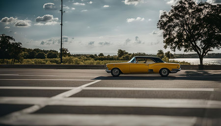 A classic yellow car drives down an open road, under a bright blue sky, the sun casting a warm glow over the landscape. The car embodies a sense of freedom and adventure.の写真素材