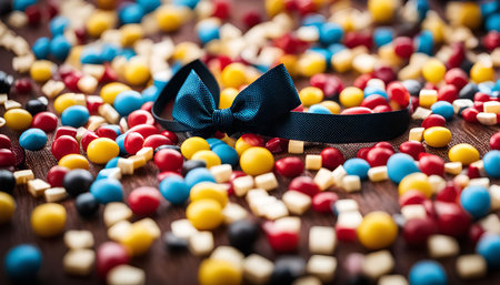 A blue bow sits on a bed of colorful candies, creating a vibrant and festive scene. The candies are a variety of shapes and sizes, and their bright colors create a cheerful and playful atmosphere.の写真素材