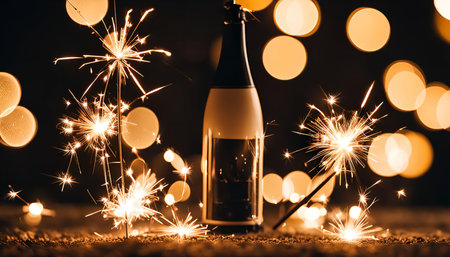 A close-up of a bottle of champagne with sparklers and glowing lights in the background. The image is a perfect representation of celebration, joy, and fun.の写真素材