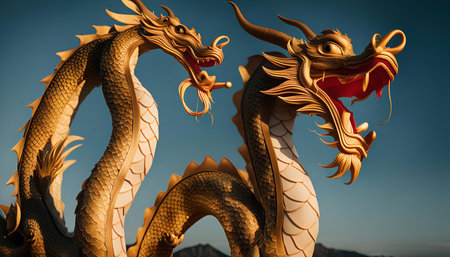 A photo of two golden dragons, symbolizing power and strength, against a bright blue skyの写真素材