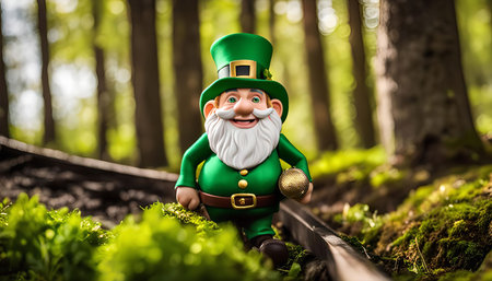 A small leprechaun statue dressed in a green suit and hat is walking down a path in the forest.の写真素材
