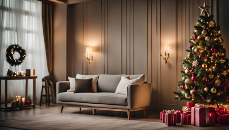 A beautifully decorated living room with a christmas tree and giftsの写真素材