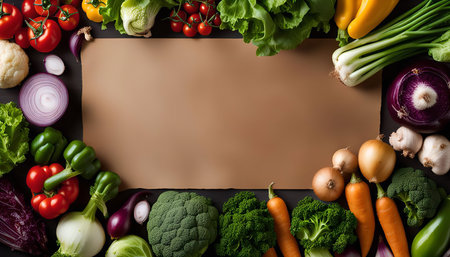 A variety of fresh vegetables surround a brown paper background, creating a vibrant and colorful border. The image is a still life composition taken from an overhead perspective and shows the diversity of fresh produce.の写真素材