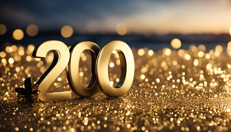 A close-up shot of the number 200 in gold, standing on a glittery golden background. The bokeh lights in the background suggest a celebratory or festive atmosphere.の写真素材