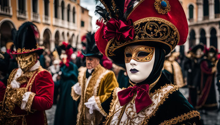 A close-up shot of people wearing elaborate Venetian Carnival masks and costumes. The masks are intricate and colorful, and the costumes are rich and luxurious, creating a sense of mystery and fantasy.の写真素材