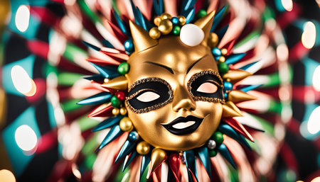 A closeup of a golden carnival mask with a spiky design and colorful decoration. The mask is set against a background of colorful lights.の写真素材