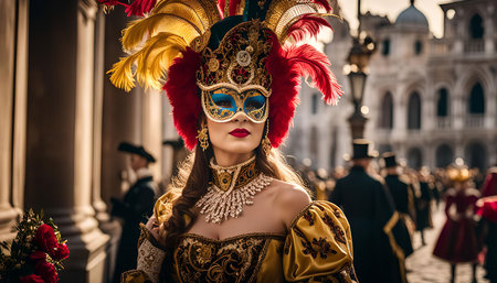 A woman in a traditional Venetian carnival mask and costume, with feathers and gold embellishments.の写真素材
