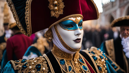 Close up photo of a woman wearing a traditional Venetian Carnival mask with intricately golden details.の写真素材