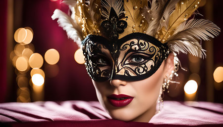 Close up portrait of a woman wearing a Venetian mask with golden feathers. The mask conceals her identity creating a mysterious and intriguing atmosphere.の写真素材