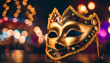 Close-up of a golden Venetian mask intricately with details and embellishments, set against a blurred background of lights, capturing the essence of celebration and mystery.の写真素材
