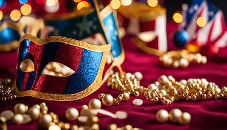 A close-up shot of a gold, red, and blue masquerade mask with sparkling glitter, lying on a crimson fabric with beads and blurred lights in the background.の写真素材