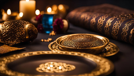 A close-up of a beautiful golden dish, adorned with intricate patterns, set against a dark background with a few candles for a warm and elegant feel.の写真素材