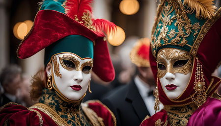 Two women in traditional Venetian masks pose for a photograph during the Carnival season.の写真素材