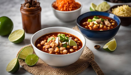A bowl of Mexican soup topped with lime wedges, cilantro, and tortilla strips.の写真素材