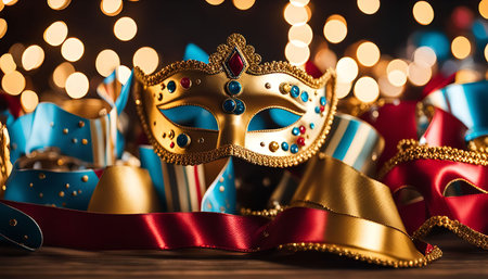 A closeup of a golden Venetian mask intricately with details, surrounded by colorful ribbons and festive lights, creating a captivating atmosphere of celebration and mystery.の写真素材