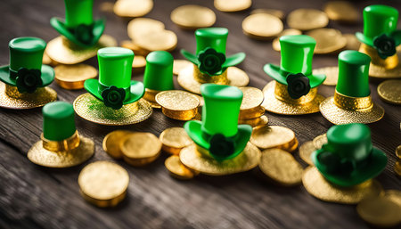 A festive arrangement of green shamrock hats and golden coins, evoking the spirit of St. Patrick's Day and the legendary leprechaun's treasure.の写真素材