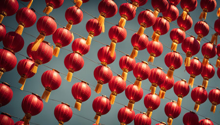 A beautiful shot of a string of red lanterns hanging in the sky, a symbol of Chinese celebrations and festivities.の写真素材