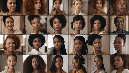 A collection of portraits featuring diverse black women with different hairstyles, clothing and expressions, showing their beauty and power.の写真素材