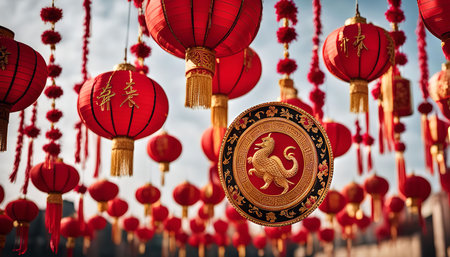 A close-up of red Chinese lanterns hanging in a row, with a golden dragon symbol in the center. The lanterns are a traditional symbol of good luck and prosperity.の写真素材