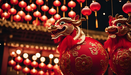 A close-up image of two traditional Chinese dragon masks, illuminated by red lanterns, representing the joy and auspiciousness of the Chinese New Year celebration.の写真素材