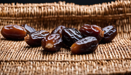 A close-up shot of a pile of dates on a wicker basket with a dark background. The dates are arranged in a natural, organic way, highlighting their rich, brown color and natural texture.の写真素材