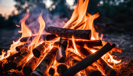 A close-up view of a campfire with flames and smoke. The logs are burning brightly, creating a warm and inviting atmosphere.の写真素材