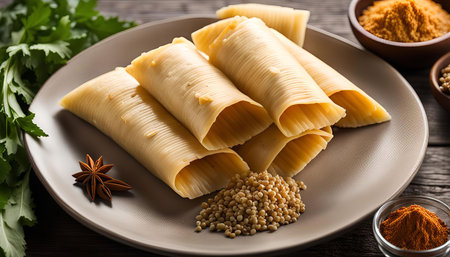 Close up shot of rolled pastry sheets with star anise and spices on a plateの写真素材