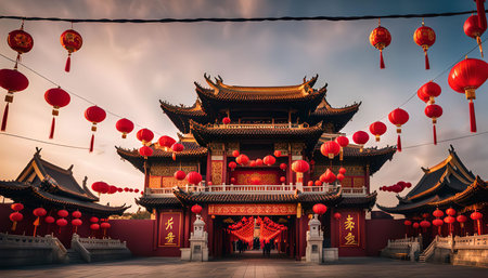 A Chinese temple adorned with red lanterns, a vibrant and festive scene. The architecture is traditional, with intricately detailed and layered roofs. The lanterns are stringing across the sky, creating a joyful and celebratory atmosphere.の写真素材