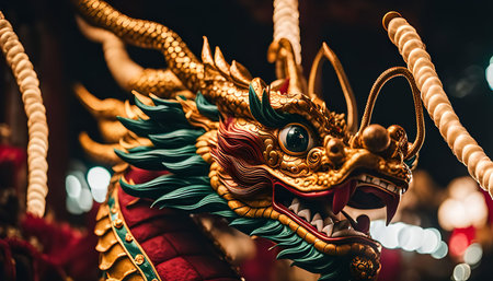A close-up view of a golden dragon sculpture, showing intricate details and a sense of mythical power. The sculpture's scales, eyes, and teeth are vividly depicted, creating a captivating and dramatic image. The background is blurred with soft lights, adding to the mystique of the dragon.の写真素材