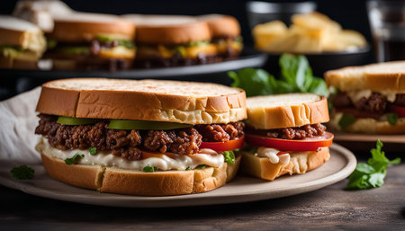 Close-up of a delicious sandwich filled with ground beef, tomato, lettuce, and mayo.の写真素材