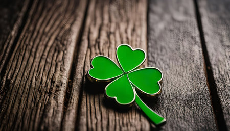 A close-up of a four leaf clover on a rustic wooden surface. It's a traditional Irish symbol of luck and fortune, often associated with St. Patrick's Day celebrations.の写真素材